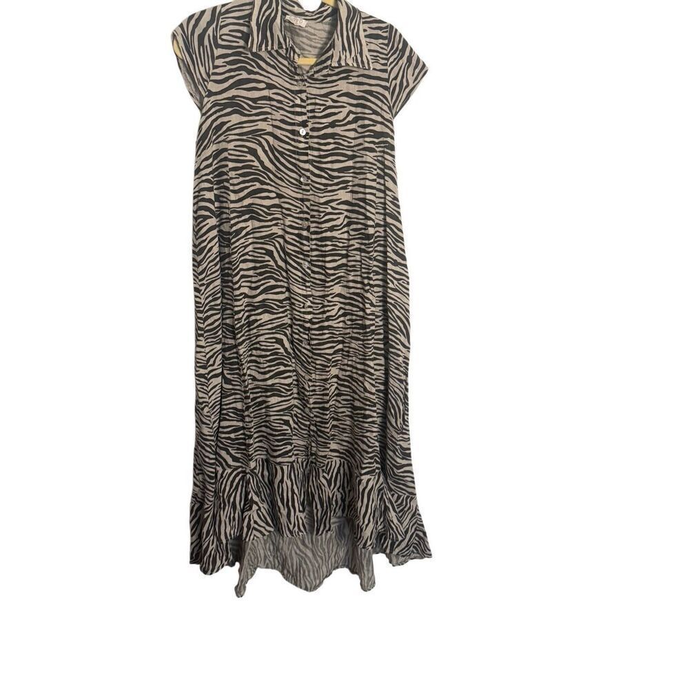 Suzy D Linen Brown and Black Zebra Print Button Front High Low Maxi Dress